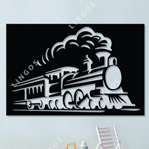 Diseño de tren Dxf, Corte láser de locomotora, Decoración de pared de tren retro, Cdr, Ai, SVG, PDF, Vector, Silueta, Enrutador CNC, Transporte, Descargar