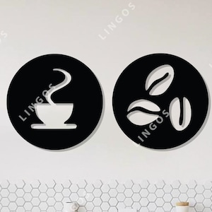Könnte beinhalten: Zwei schwarze, kreisförmige Wandkunstwerke mit weißen Kaffeemotiven. Eines zeigt eine Kaffeetasse mit Dampf, das andere Kaffeebohnen. Der Text "LINGOS" wiederholt sich an der Wand. Unten im Bild steht der Text "DXF / CDR / Ai / SVG / PDF".
