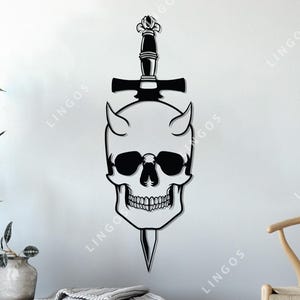 Devil Skull with Sword SVG | Horned Skull Wall Art Cut File | Gothic DXF Ai CDR | Laser Cut Horror Skull Design Pdf