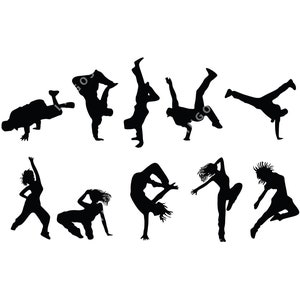 May include: Silhouettes of dancers in various poses, showcasing different breakdancing moves. The dancers are all in black, against a white background.