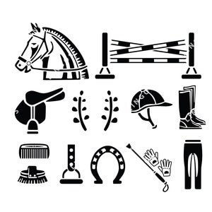 May include: Black and white silhouette icons of equestrian equipment, including a horse head, saddle, stirrups, riding boots, a helmet, a whip, and a horseshoe.