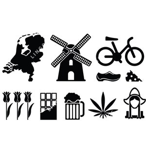 Puede incluir: Íconos en silueta en blanco y negro de la cultura holandesa, que incluyen un molino de viento, tulipanes, una bicicleta, zuecos, queso, chocolate, cerveza, marihuana y una mujer con ropa tradicional.