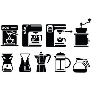 May include: Black and white illustrations of different coffee brewing methods, including a drip coffee maker, a French press, a percolator, an espresso machine, a coffee grinder, and a pour-over coffee maker.