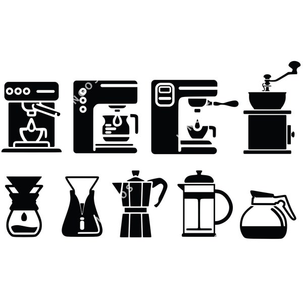 Macchina per il caffè Set vettoriale, Metodi di erogazione del caffè DXF, File SVG della macchina per caffè espresso, File EPS Chemex, Moka Pot Dwg, French Press Pdf, Silhouette