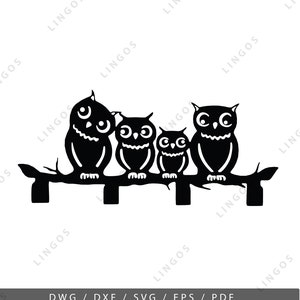 Eulen Vektor, Eulen Familie SVG Bundle, Eulen auf einem Ast, Tier druckbar, Eps, Dxf, Dwg, Pdf, Cricut SVG, Illustrationen, Laser, Cnc Fräser