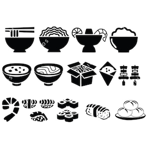 Pacote SVG de comida asiática, vetor japonês, sushi roll DWG, ramen Dxf, arquivo PDF de macarrão, arquivo digital de tigela de arroz, clipart de nigiri, roteador cnc