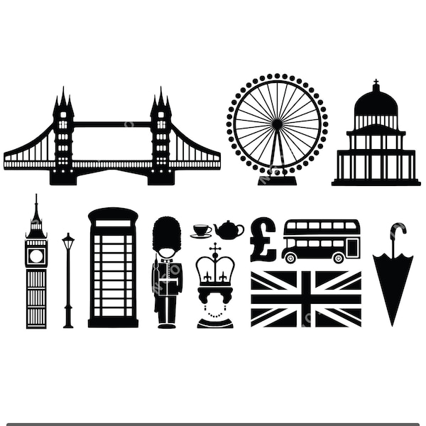 London Vector, England Bundle Svg, British PDF File, UK Symbol DWG, London Eye Dxf, Great Britain Eps, Royal Clipart, Big Ben Digital Design