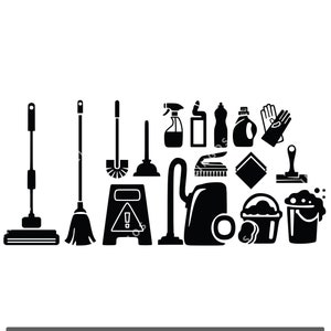 May include: Black and white silhouette icons of cleaning supplies, including a mop, broom, plunger, spray bottle, vacuum cleaner, bucket, and more.