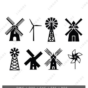 Puede incluir: Un conjunto de nueve iconos de molinos de viento en blanco y negro. Los iconos incluyen un molino de viento tradicional, una turbina eólica, una veleta y una variedad de otros diseños de molinos de viento.