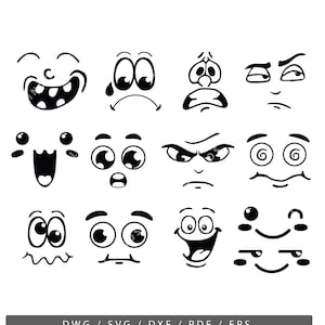 Gezichtsuitdrukkingen SVG, karaktervector, Emoji PDF, cartoon gezichten digitale bestanden, komische gezicht Dwg, Dxf, Eps, grappige illustratie, silhouet