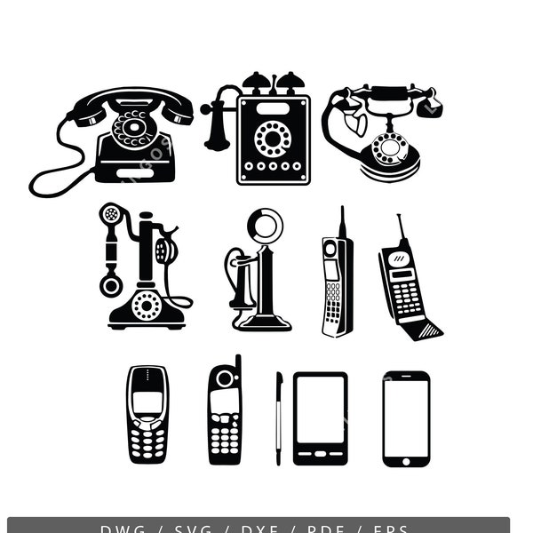 Telephone Bundle Svg, Smartphone Digital Files, Phone Vector, Vintage Pdf, Dial Phone DWG,DXF, Old Style Eps, Cell Phone Clipart, Silhouette