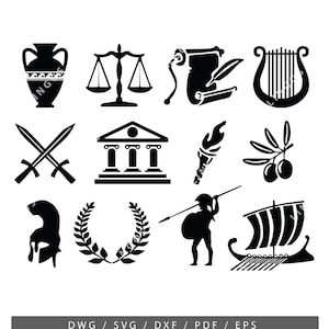 May include: A collection of black and white vector illustrations featuring ancient Greek symbols. Includes a vase, scales, scroll, lyre, crossed swords, a temple, torch, olive branch, helmet, laurel wreath, a warrior, and a ship. The text at the bottom reads: DWG / SVG / DXF / PDF / EPS.