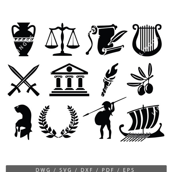 Ancient Greece Bundle Svg, Acropolis Digital Files, Spartan Helmet Vector, Amphora Pdf, Greek Mythology DWG, Antiquity DXF, Eps, Silhouette