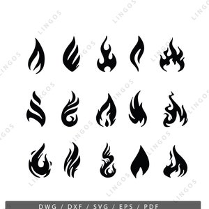 May include: A set of 15 black and white flame illustrations. The flames are stylised and abstract, with different shapes and sizes. They are perfect for use in design projects, such as logos, websites, and social media graphics.