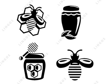 May include: Four black and white vector illustrations of honey bees and honey jars. The first image shows a bee inside a honeycomb. The second image shows a honey jar with a leaf. The third image shows a honey jar with a honey dipper. The fourth image shows a bee with wings spread.