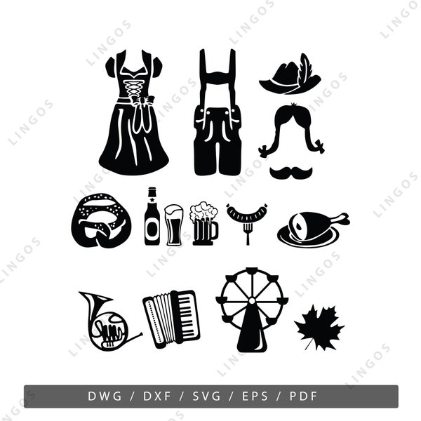 Oktoberfest-Svg-Datei, deutsches Symbolpaket, ClipArt, Pdf, Dwg, Eps, Dxf, Plasmaschnitt, Illustrationen, Cnc-Fräser, Eps für Laserschneiden