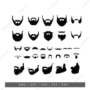 Beard & Moustache SVG Bundle, Barber Shop Icons PDF, Beard Styles DXF, Digital Cut Files dwg Vektor eps