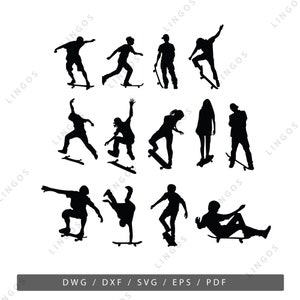 Skateboard Svg,Skateboarder Vector,Black Eps,Pdf,Sport DWG,DXF File,Digital Files,Laser Cut,Cnc router,Plasma Cutting,Silhouette