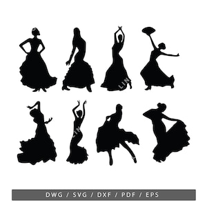 May include: Eight black silhouettes of dancers in various poses, all wearing long flowing skirts. The dancers are in different positions, some with arms raised, some with hands on hips, and some with a fan in hand.