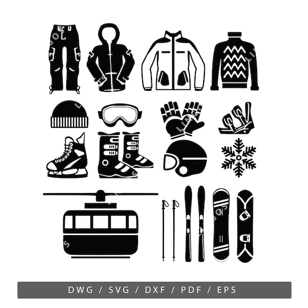 Skiing SVG Bundle, Snowboarding Vector, Winter Clipart, Snowboard DWG, Extreme Sport EPS, Snow Goggles Cricut, Ski Boots Silhouette ,Dxf,Pdf