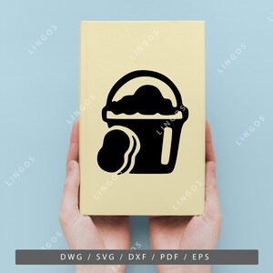 May include: Black and white silhouette of a bucket and sponge, a cleaning supply icon. The icon is on a yellow background.