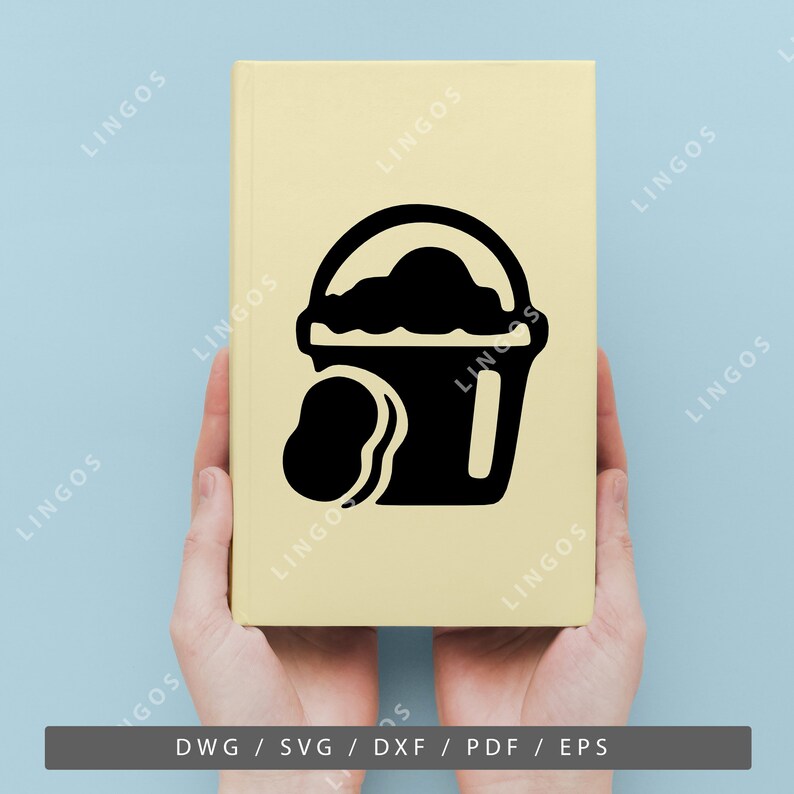 May include: Black and white silhouette of a bucket and sponge, a cleaning supply icon. The icon is on a yellow background.