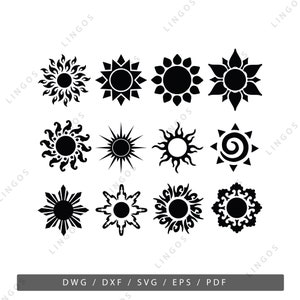 Może przedstawiać: Dwunastu czarno-białych wzorów słońca o różnych wzorach i stylach. Wzory idealnie nadają się do użycia w rękodziele, scrapbookingu lub projektowaniu cyfrowym.