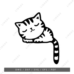 May include: A black and white line drawing of a sleeping cat with striped fur. The cat is curled up with its tail wrapped around its body.