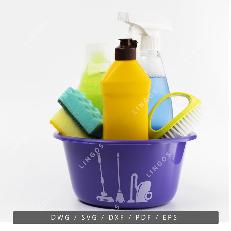 May include: A purple plastic bucket filled with cleaning supplies, including a yellow spray bottle, a green sponge, a blue spray bottle, and a green scrub brush. The bucket has a white design of a broom, a mop, and a vacuum cleaner on the front.
