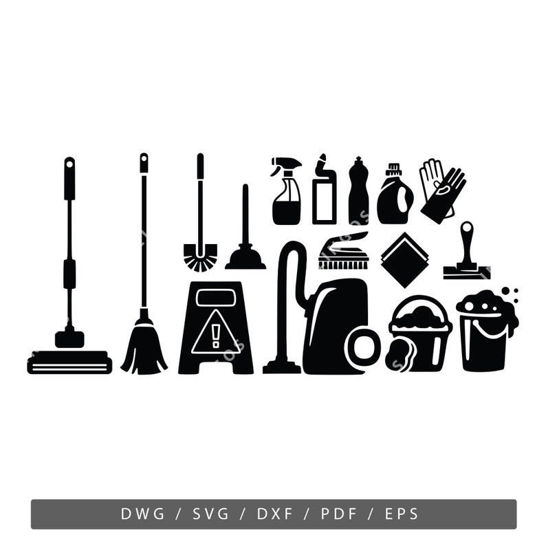 May include: Black and white silhouette icons of cleaning supplies, including a mop, broom, plunger, spray bottle, vacuum cleaner, bucket, and more.