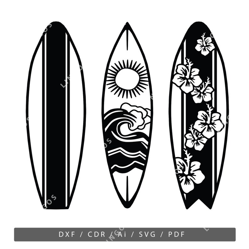 K&ouml;nnte beinhalten: Drei schwarze und wei&szlig;e Surfboard-Silhouetten. Das Surfboard links hat ein einfaches gestreiftes Design. Das mittlere Surfboard hat ein Sonnen-, Wellen- und Wolken-Design. Das Surfboard rechts hat ein florales Design.