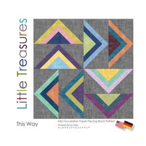 Könnte beinhalten: Ein Papier-Patchwork-Muster für einen Quiltblock mit geometrischem Design. Der Block besteht aus Dreiecken in Blautönen, Grün, Gelb, Orange, Rosa und Lila. Die fertigen Blockgrößen sind 4x4 Zoll, 5x5 Zoll, 6x6 Zoll und 7x7 Zoll.