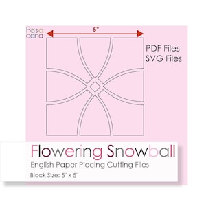 以下が含まれることがあります： 5インチ×5インチの「Flowering Snowball」キルトブロックパターンの白黒線画。パターンは曲線と正方形で構成されています。画像には「PDF Files」と「SVG Files」のテキストが含まれています。