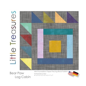 Könnte beinhalten: Ein Papier-Patchwork-Quiltblockmuster für eine Bear Paw- und Log Cabin-Decke. Das Muster ist für einen Mini-Foundation-Papier-Patchwork-Block. Die fertigen Blockgrößen sind 4x4 Zoll, 5x5 Zoll, 6x6 Zoll und 7x7 Zoll. Das Muster enthält eine US-amerikanische und eine deutsche Flagge.