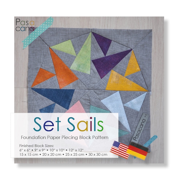 FPP Block Pattern English + German "Set Sails" Octagon - Foundation Paper Piecing - Patchwork Quilting Triangles