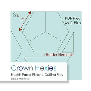 Op de afbeelding: Een lichtblauwe afbeelding met geometrische vormen en tekst. De tekst bevat "Crown Hexies" en "English Paper Piecing Cutting Files". De zijlengte is 5,08 cm. Bevat ook "PDF Files" en "SVG Files".