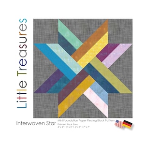 Puede incluir: Patrón de bloque de colcha Interwoven Star con un fondo gris y un diseño de estrella colorido. Los tamaños de bloque terminados son 4x4, 5x5, 6x6 y 7x7 pulgadas.