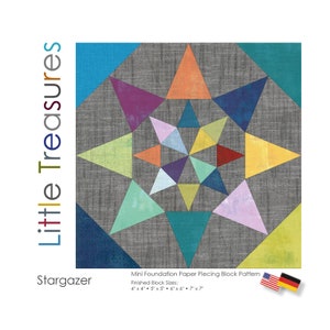 May include: A colorful paper piecing pattern for a stargazer quilt block. The pattern includes instructions for making blocks in sizes ranging from 4 inches to 7 inches.