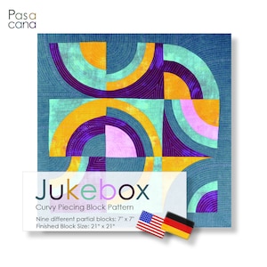 Könnte beinhalten: Ein Quiltblockmuster namens "Jukebox" mit einem geometrischen Design mit geschwungenen Linien und Formen in den Farben Gelb, Orange, Lila, Rosa und Blau. Die fertige Blockgröße beträgt 21 Zoll mal 21 Zoll.