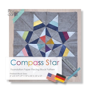 Puede incluir: Un patrón de bloques de patchwork en papel para una colcha de estrella de brújula. El patrón incluye instrucciones para hacer un bloque de colcha en seis tamaños diferentes: 15 cm x 15 cm, 23 cm x 23 cm, 25 cm x 25 cm y 30 cm x 30 cm. El patrón está ilustrado con un bloque de colcha colorido en el centro de la imagen.