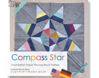 Foundation Paper Piecing (FPP) Block Pattern "Compass Star" // Patchwork Quilting // Eight Point Star // 4 Sizes // Print your own