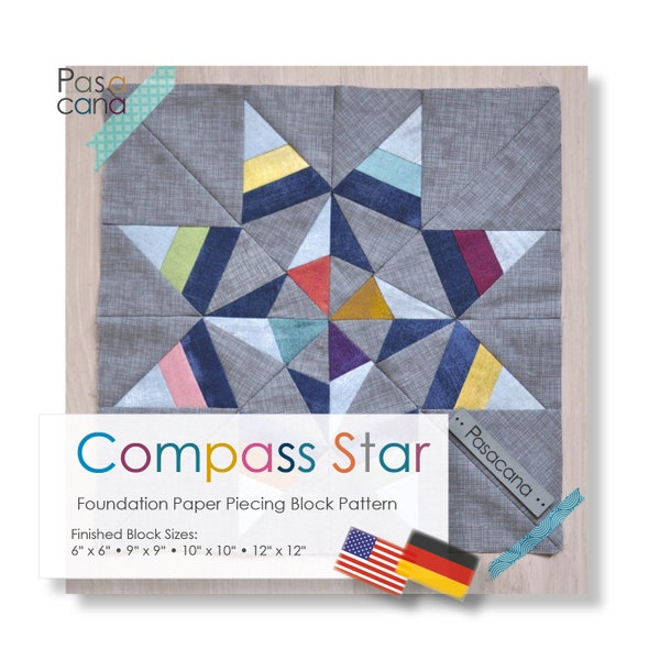 Patrón de bloque Foundation Paper Piecing (FPP) "Compass Star" Compass Rose // Patchwork Quilting // Eight Point Star // 4 tamaños