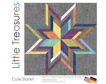 Foundation Paper Piecing (FPP) Block Pattern - Little Treasures Series - Cute Starlet / 4 Sizes in Inch / Patchwork + Quilting