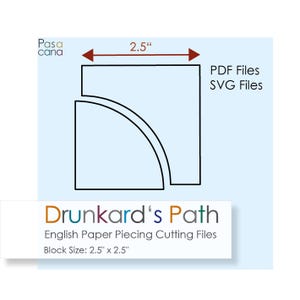 Puede incluir: Una descarga digital de un patrón de bloque de colcha Drunkard's Path. El patrón es para un bloque de 2,5 pulgadas por 2,5 pulgadas e incluye archivos PDF y SVG.