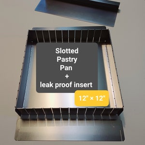 May include: A silver slotted pastry pan with a leak-proof insert. The pan is 12 inches by 12 inches.