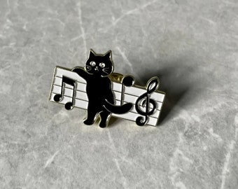 Black Cat Piano with Music Notes Enamel Pin Badge