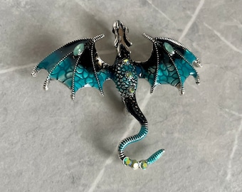 Blue & Black Dragon Brooch Pin with detail