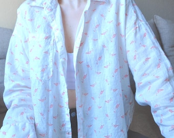 Camisa de lino estampada para mujer, corte holgado, manga larga