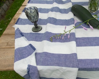 Striped Linen Tablecloth : Coastal Sea Style, Raw Edge - Handmade