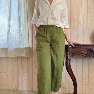 Wide leg linen pants Elastic waist green linen trousers Linen pants with pockets